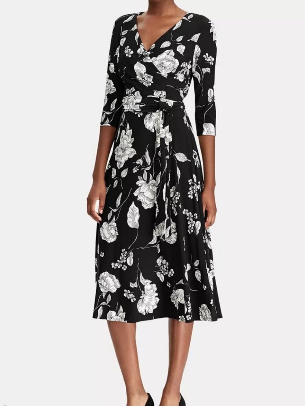 Ralph Lauren Black & White Floral Long-Sleeve Faux Wrap Dress
